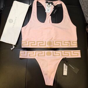 NEW NWT Versace Greca Motif Cotton Jersey Scoop Bralette & Thong Pink Size 4 bra